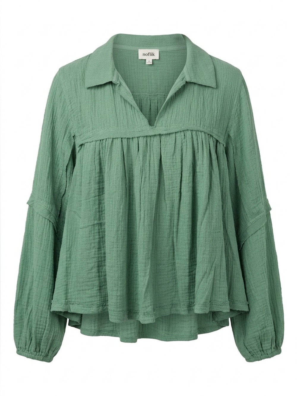 Noflik M Sage Green Cotton Gauze Babydoll Peasant Blouse Boho Whimsical Forest